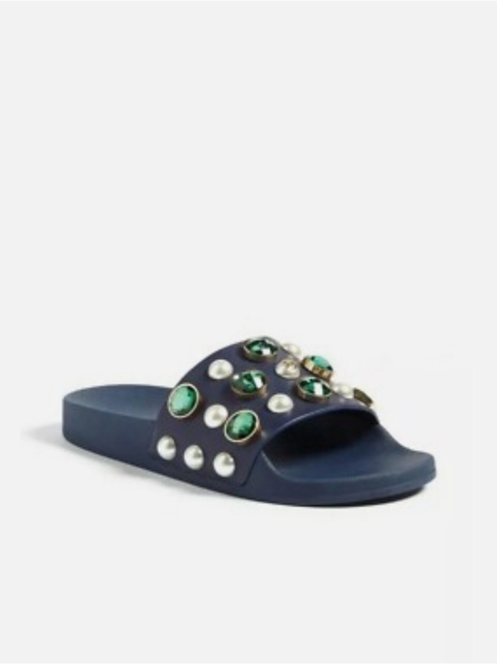 Tory Burch Navy vail Slide Sandals with Green Gem and Pearl Accents 6